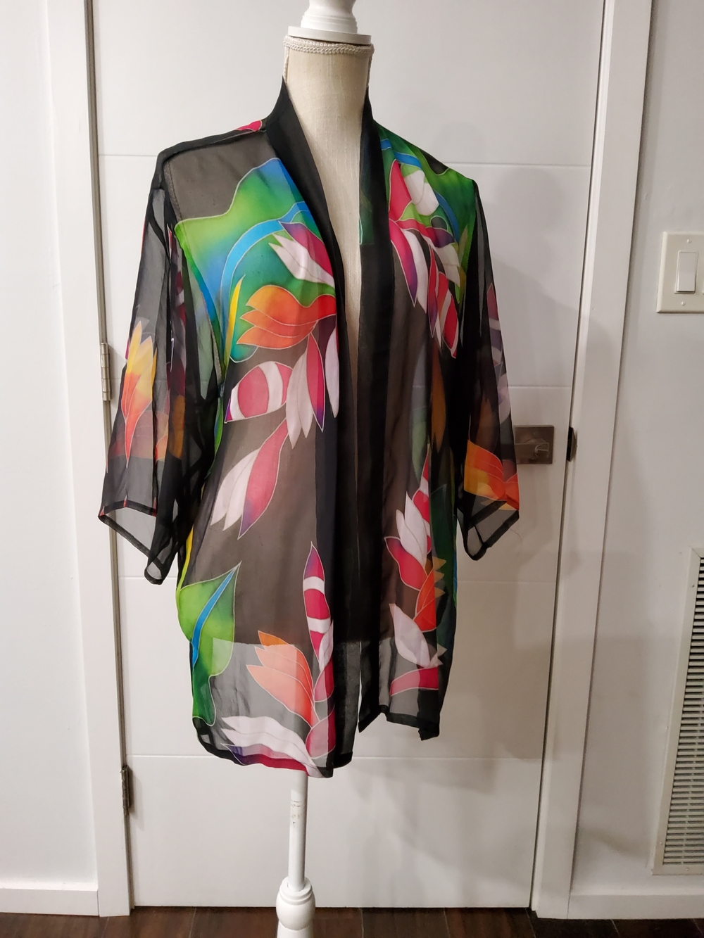 Silk Sheer Black Floral Kimono Cover-Up with Multicolor Petal Print